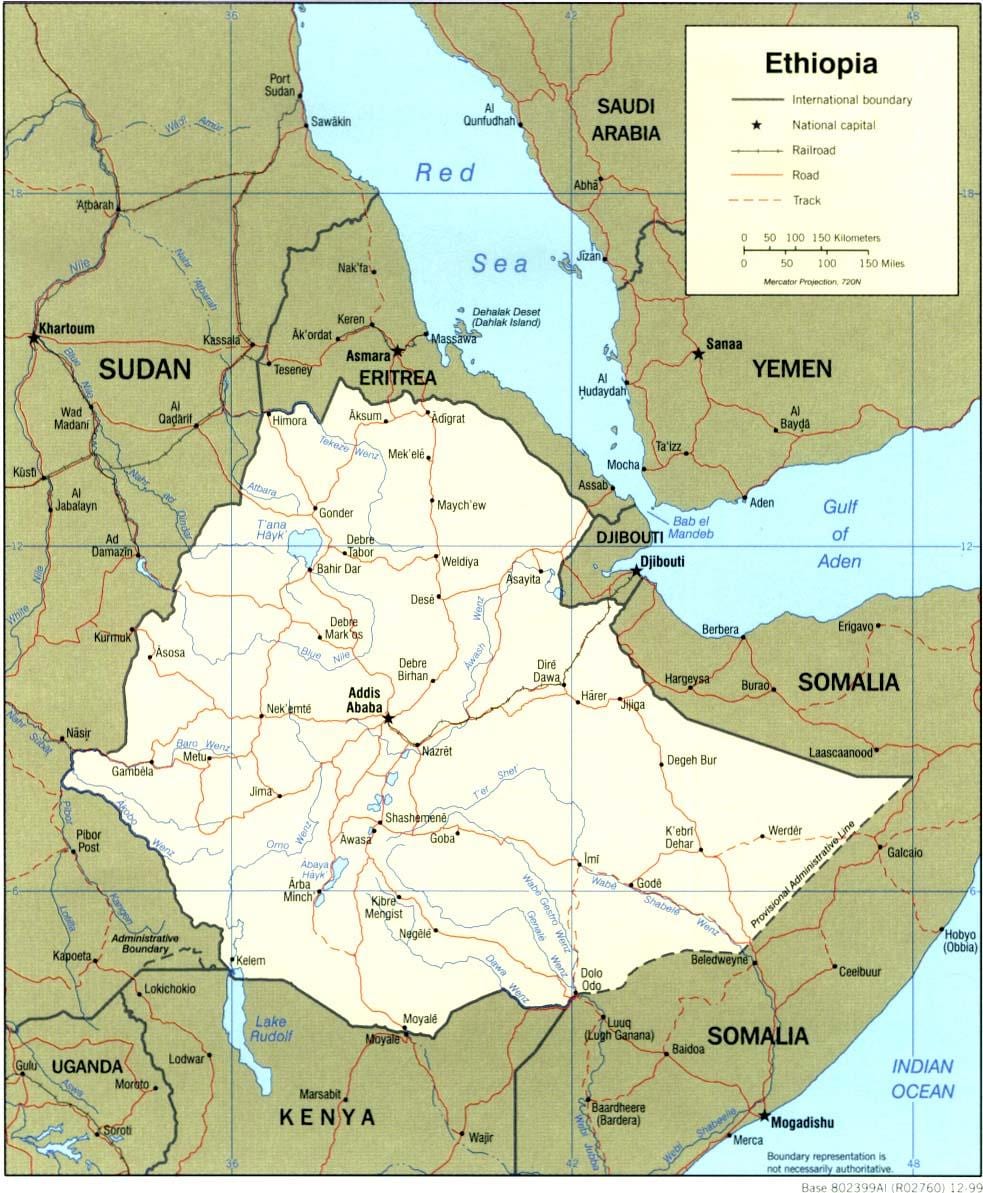 mapa ng Ethiopia at mga nakapaligid na mga bansa