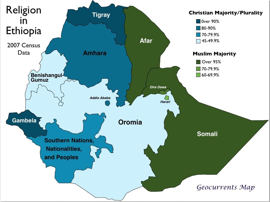 mapa ng Ethiopia relihiyon