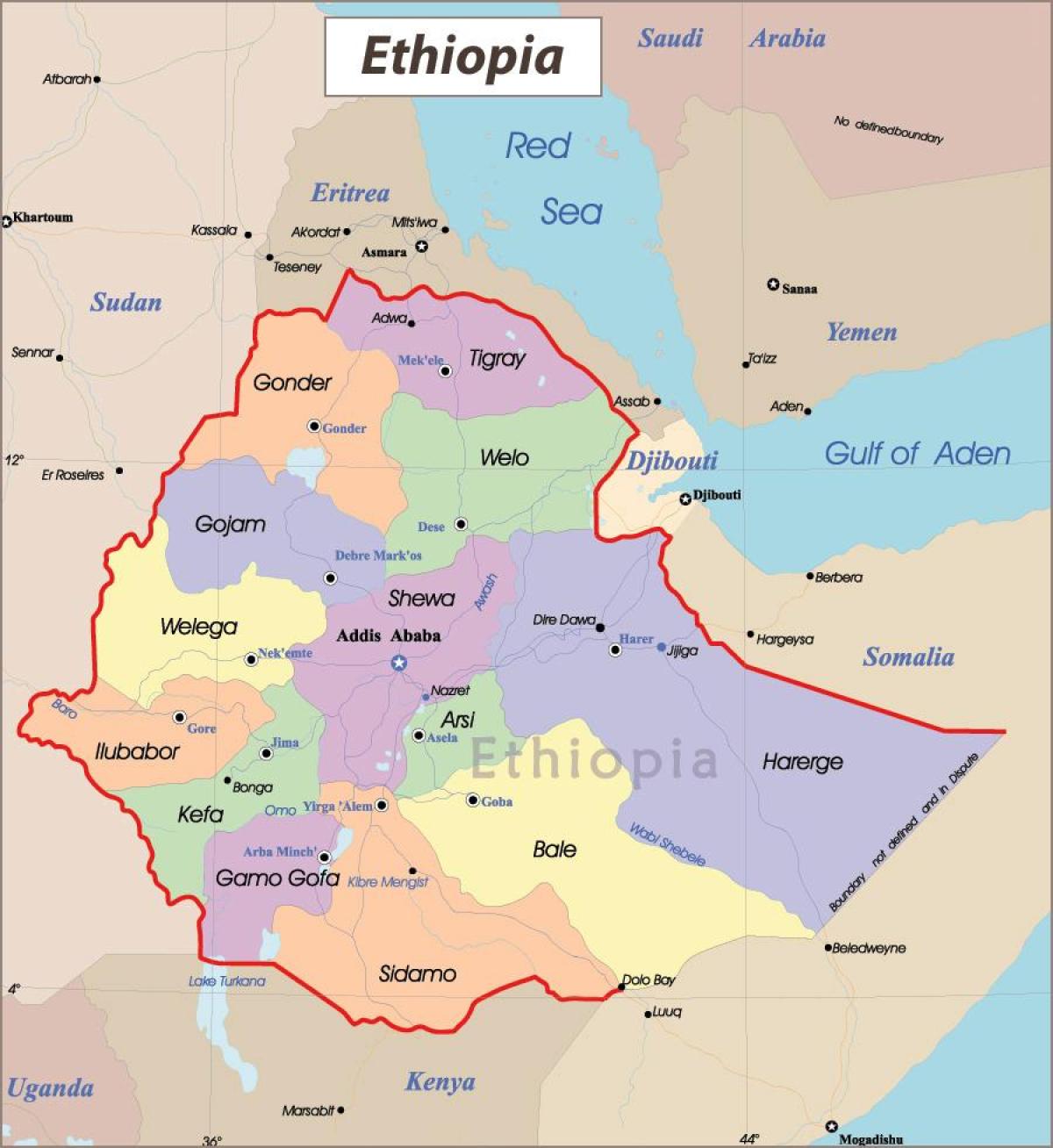 Ethiopia mapa na may mga lungsod