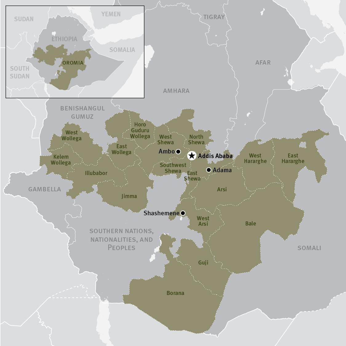 mapa ng oromia rehiyon sa Ethiopia